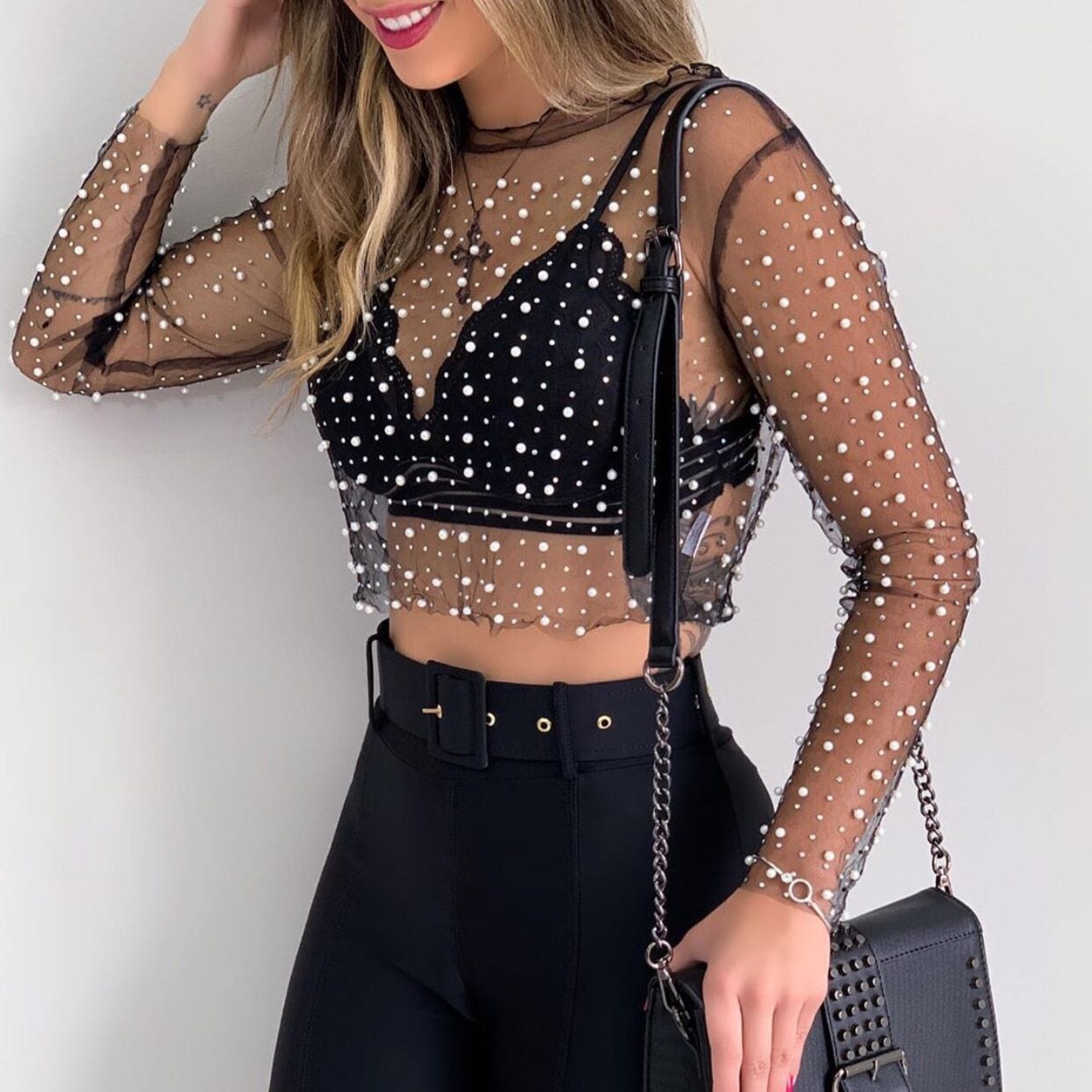 Premium Women's Fashion Lace Shirt Bright Diamond Beads Inner Wear Outer Wear Mesh Top -  from Empire of LaTz - Only £19.99! Explore at Empire of LaTz