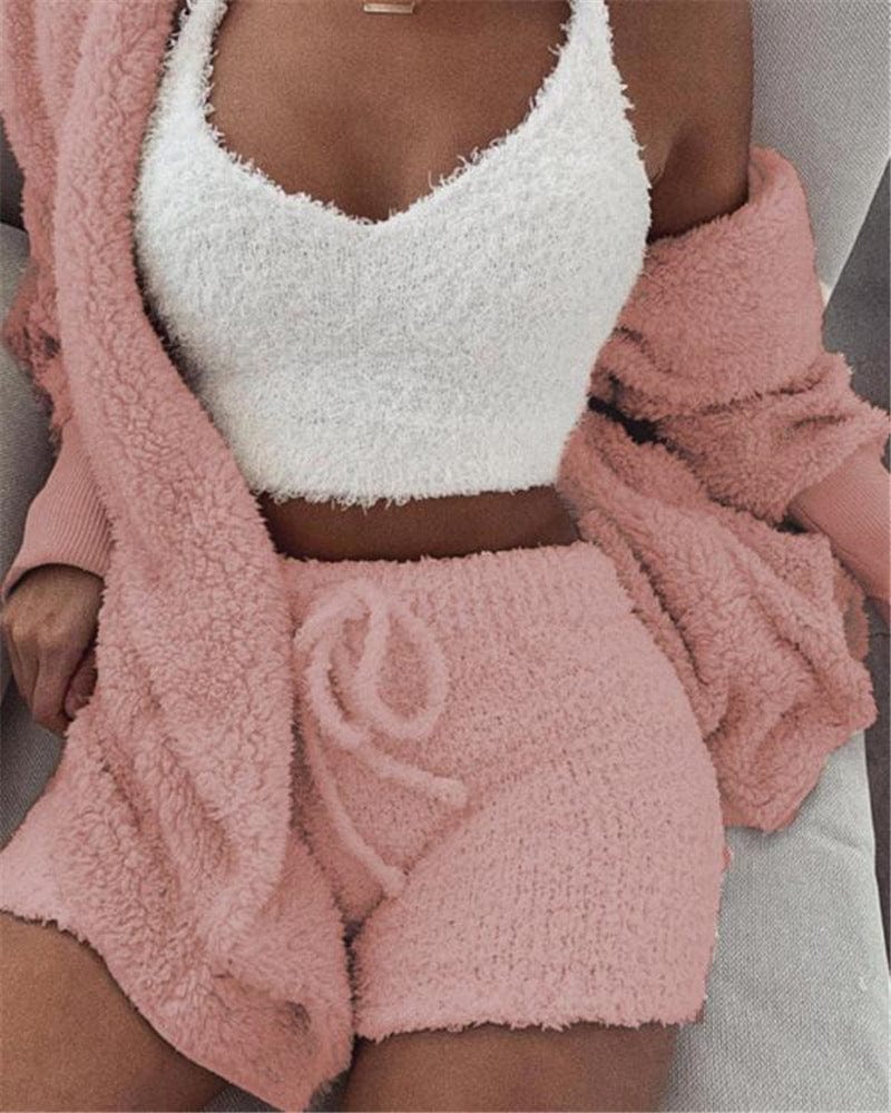 Empire of LaTz Pink / L 3pcs Womens Clothing Long Sleeve Crop Tank Top And Drawstring Shorts Pajama Set