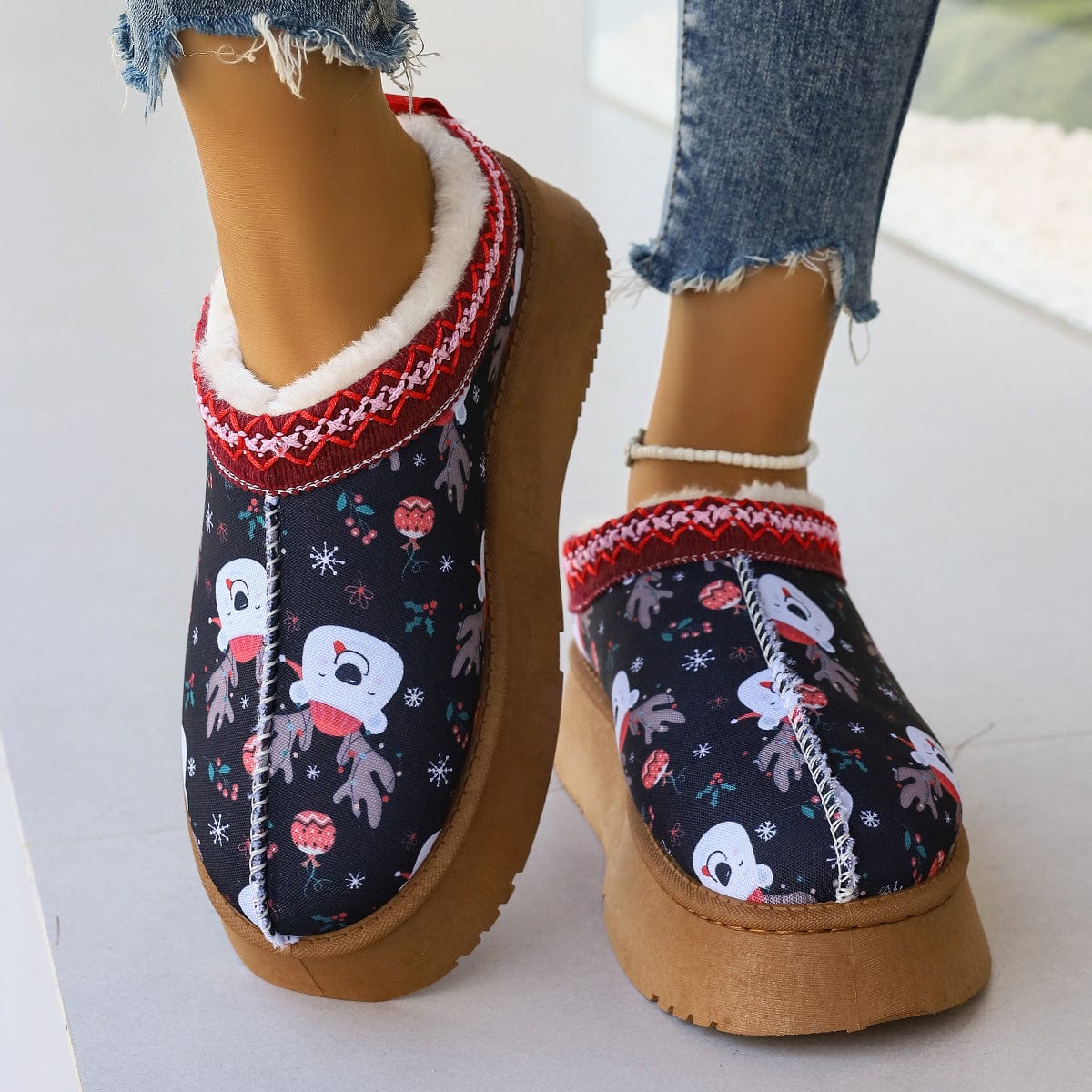 Premium Women's Cartoon Christmas Print Ankle Boots Casual Slip On Plush Lined Home Shoes Comfortable Winter Short Boots - Slippers from Empire of LaTz - Only £29! Explore at Empire of LaTz