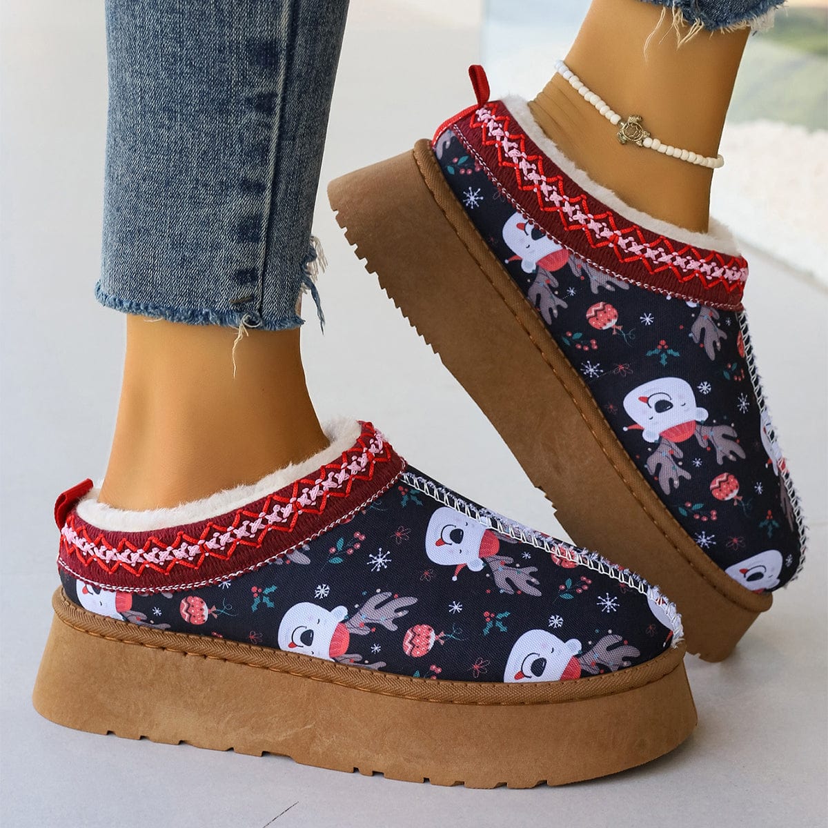 Premium Women's Cartoon Christmas Print Ankle Boots Casual Slip On Plush Lined Home Shoes Comfortable Winter Short Boots - Slippers from Empire of LaTz - Only £29! Explore at Empire of LaTz