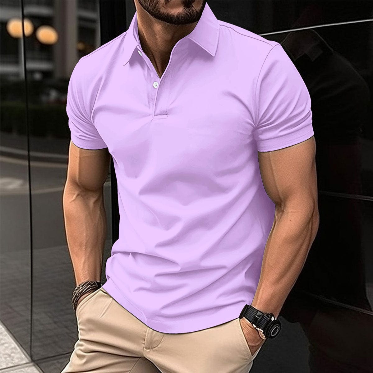 Empire of LaTz T-shirt Light Purple / 2XL Summer Short Sleeve Polo Shirt Men Solid Color Button Lapel Button Top