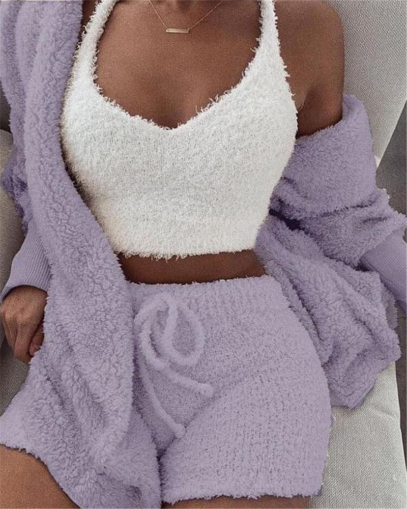 Empire of LaTz Violet / L 3pcs Womens Clothing Long Sleeve Crop Tank Top And Drawstring Shorts Pajama Set