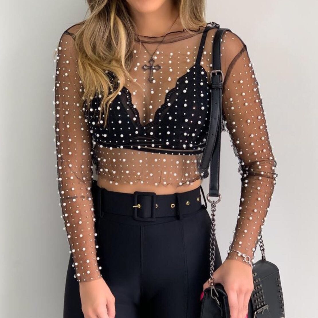 Premium Women's Fashion Lace Shirt Bright Diamond Beads Inner Wear Outer Wear Mesh Top -  from Empire of LaTz - Only £19.99! Explore at Empire of LaTz