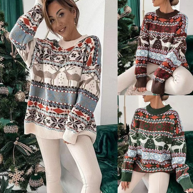 Premium Women's Fashion Round Neck Loose Christmas Theme Jacquard Long Sleeve Sweater -  from Empire of LaTz - Only £25! Explore at Empire of LaTz