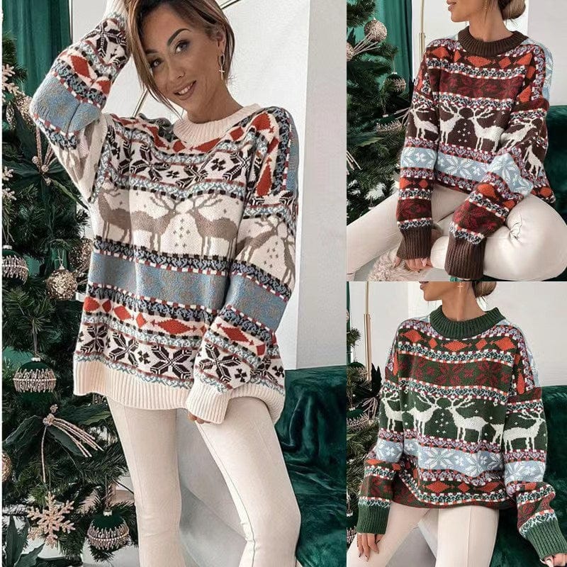 Premium Women's Fashion Round Neck Loose Christmas Theme Jacquard Long Sleeve Sweater -  from Empire of LaTz - Only £25! Explore at Empire of LaTz