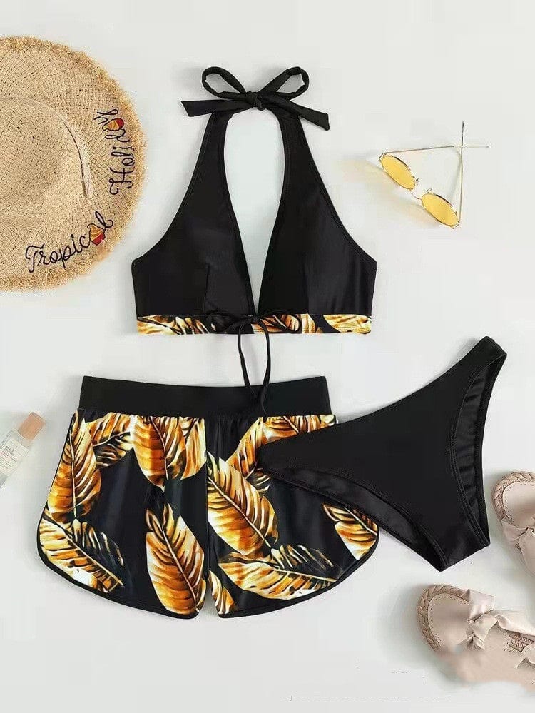 Premium 3pcs Leaf Print Bikini With Shorts Fashion Summer Beach Swimsuit Womens Clothing - Womens Clothing from Empire of LaTz - Only £19.94! Explore at Empire of LaTz