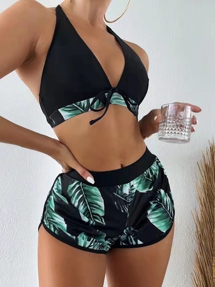 Empire of LaTz Womens Clothing Green / L 3pcs Leaf Print Bikini With Shorts Fashion Summer Beach Swimsuit Womens Clothing