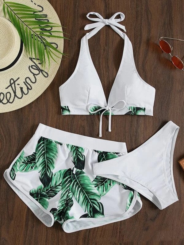 Premium 3pcs Leaf Print Bikini With Shorts Fashion Summer Beach Swimsuit Womens Clothing - Womens Clothing from Empire of LaTz - Only £19.94! Explore at Empire of LaTz