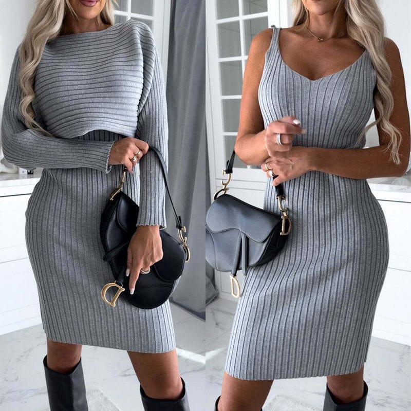 Empire of LaTz womens jumpers 2pcs Suit Women's Solid Stripe Long-sleeved Top And Tight Suspender Skirt Fashion Autumn Winter Slim Clothing